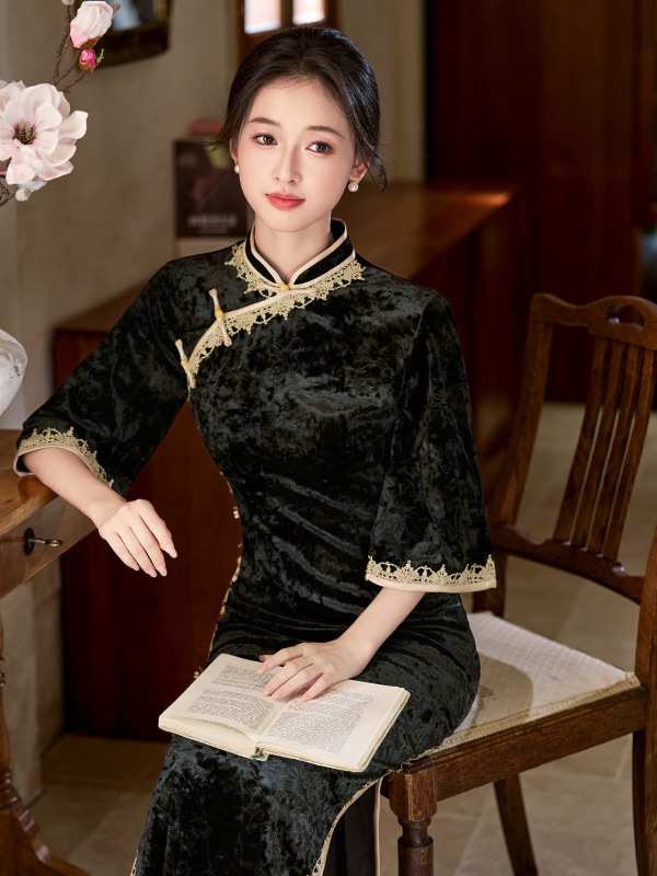 黑色丝绒旗袍2025年新款气质复古民国风年轻款改良连衣裙女新中式|undefined