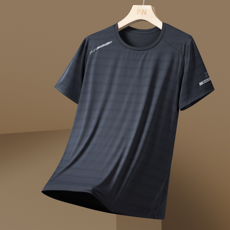 Hombre camiseta de mangas cortas hielo veloz secado superior de verano delgado cuello redondo transpirable deportes de gran tamaño hielo mangas cortas al por mayor