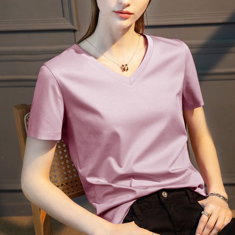 No-Iron Silky Double-Sided Mercerized Cotton V-Neck Short-Sleeve T-Shirt for Women, Summer Sweatshirt, Pure Cotton Tee Shirt Top