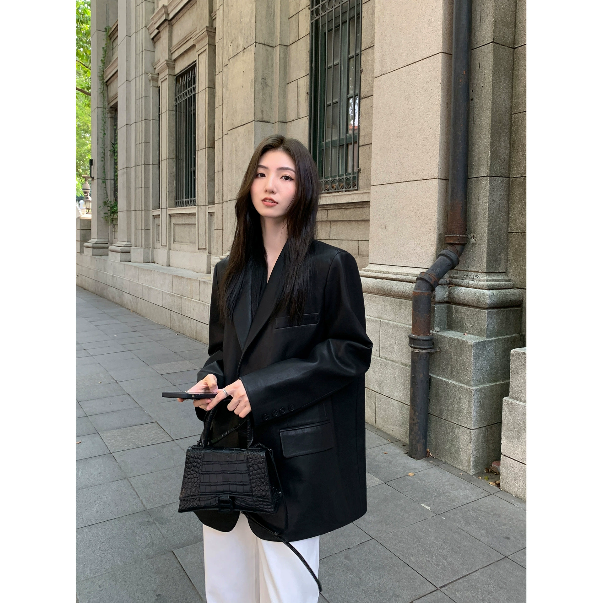 Black polyurethane autumn small classic suit jacket, oversize, bright catchy style