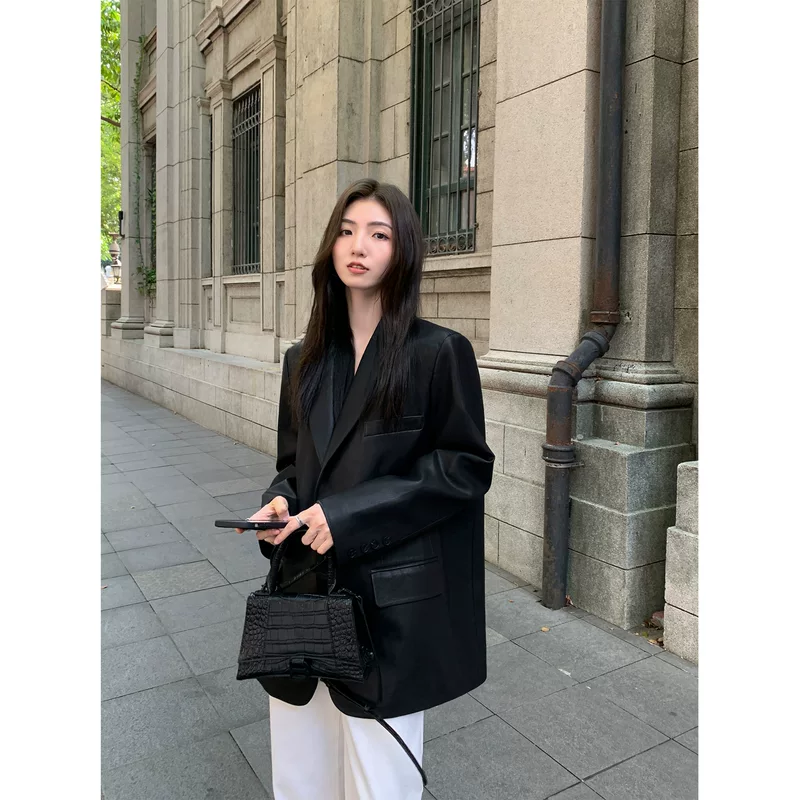 Black polyurethane autumn small classic suit jacket, oversize, bright catchy style