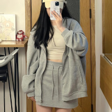 灰色运动卫衣套装女2025春秋新款女装韩系休闲高腰包臀短裙卫衣裙