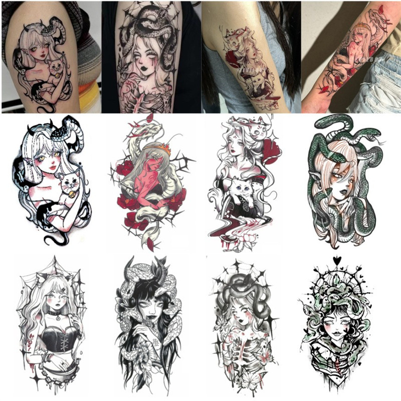 Medusa Geisha Tattoo Sticker Explosive Waterproof Lasting Arm Herbal Juice Dark Realistic Flower Arm Cool Trendy for Men and Women