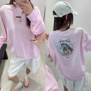 26 New Style Women's Short Sleeve T-Shirt with Double Pony Bow Print on the Back, Pink Loose Fit Drop Shoulder Pure Cotton Top