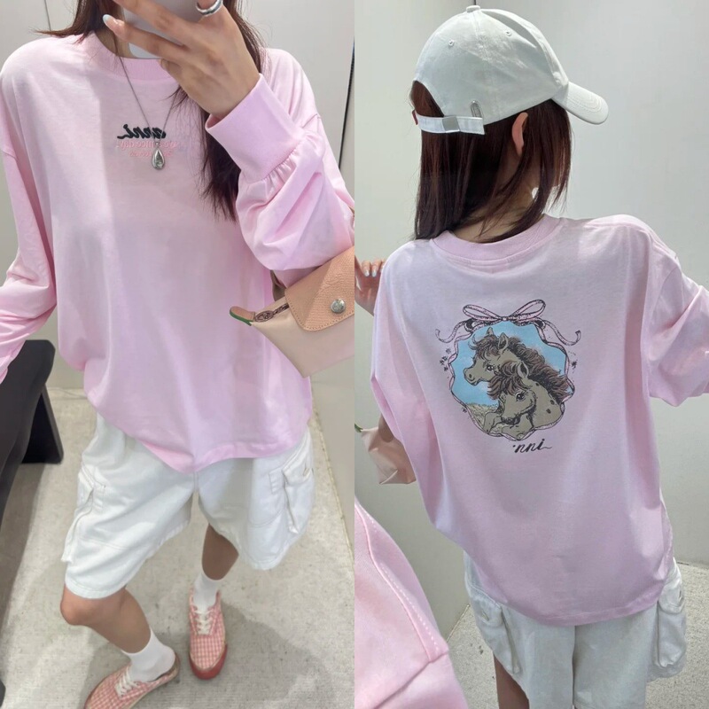 26 New Style Women's Short Sleeve T-Shirt with Double Pony Bow Print on the Back, Pink Loose Fit Drop Shoulder Pure Cotton Top 26 New Style Women's Short Sleeve T-Shirt with Double Pony Bow Print on the Back, Pink Loose Fit Drop Shoulder Pure Cotton Top
