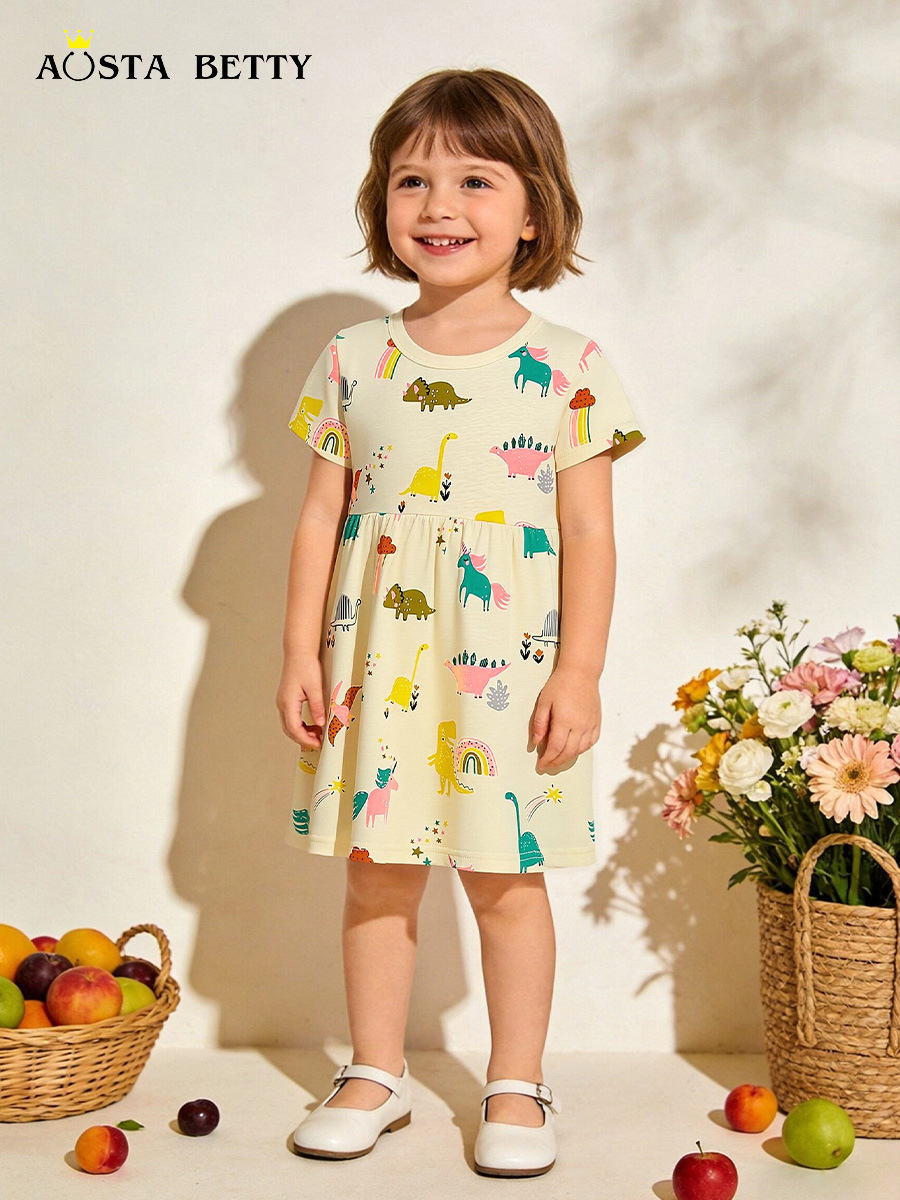 26 prendas de vestir infantiles de verano, faldas para niños, vestidos de niña de manga corta con cuello redondo de estilo europeo y americano, faldas de princesa para niños con estampado de moda