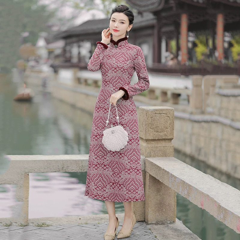 【熱銷同款】秋冬款加絨加厚顯瘦媽媽裝新中式改良旗袍女復古長袖