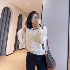 CJ91优雅精致浮雕提花欧根纱羊毛宽松长袖翻领针织衫女2025秋