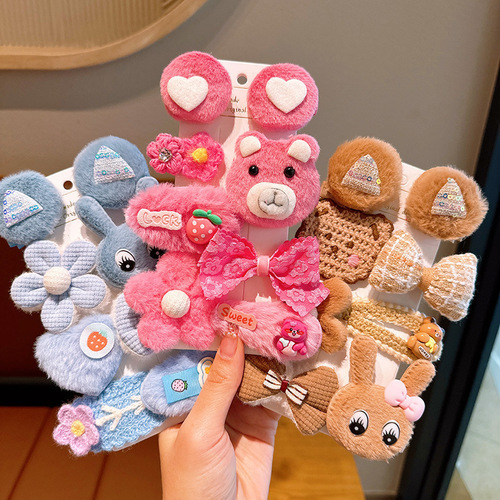 Autumn and Winter New Plush Rabbit Hair Clips for Kids, Cute Cartoon Hair Accessories Set for Babies, Non-Damaging to Hair, Sideburn Clips