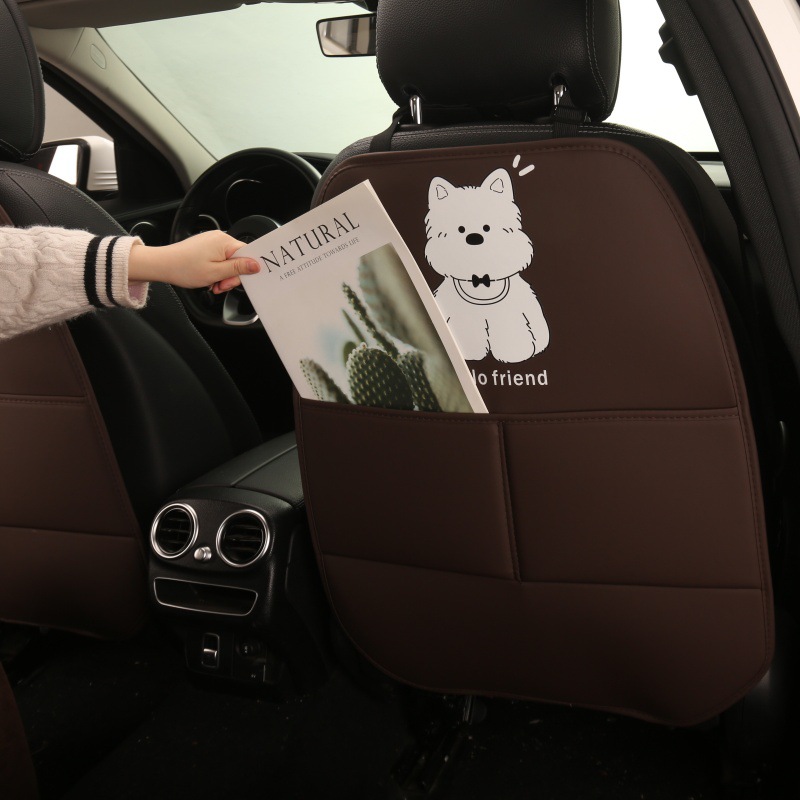 Cute Puppy Cartoon Car Seat Back Anti-Kick Pad for Women, Car Seat Back Anti-Dirt Pad with Storage Pocket