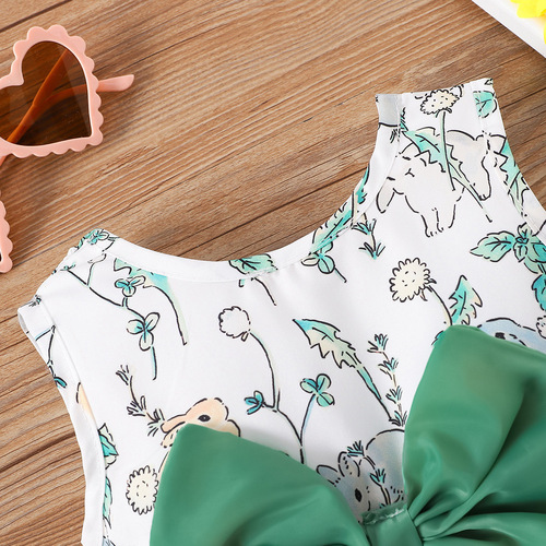 INS Summer Girls' Round Neck Sleeveless Printed Cute Bow Fashion Dress