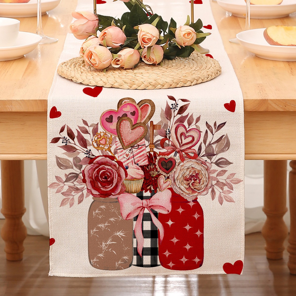 Camino de mesa temático de San Valentín para decoración transfronteriza, mantel rojo estampado de Amazon, decoración de restaurante, estilo nórdico, decoración del hogar, tira larga
