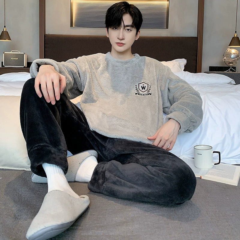 90kg Пижамы больших размеров для мужчин на осень и зиму, утолщенные и с бархатной подкладкой, с длинными рукавами, теплый пуловер, домашняя одежда, комплект из двух предметов