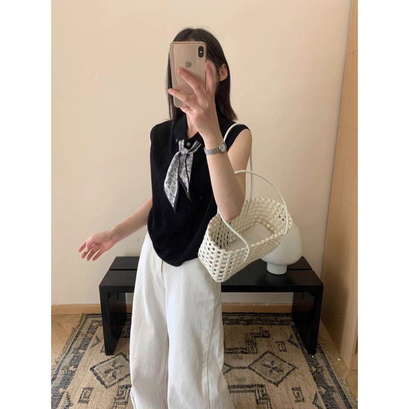 2025夏季新款韩版气质小翻领纽扣配丝巾薄款无袖针织衫上衣女T恤|undefined