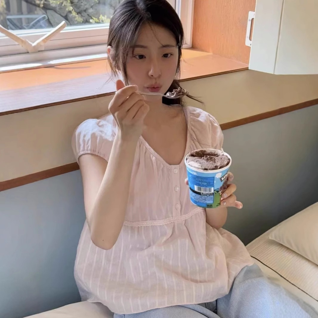 In Stock Fairy Fujiwara Shu Hanikizi Same Style Korean Summer Sweet Loose Bubble Short-Sleeved Shirt for Women