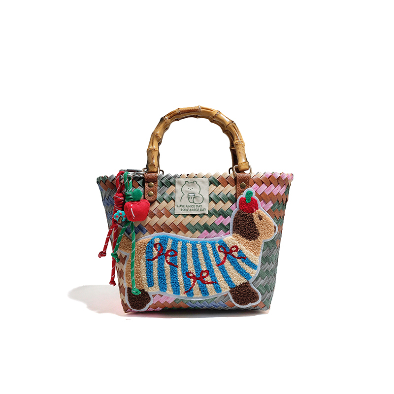 Vintage Striped Weenie Dog Woven Bag Handbag Nylon Rope Pendant Tote Bag Hand Carrying Women's Bag Beach Bag