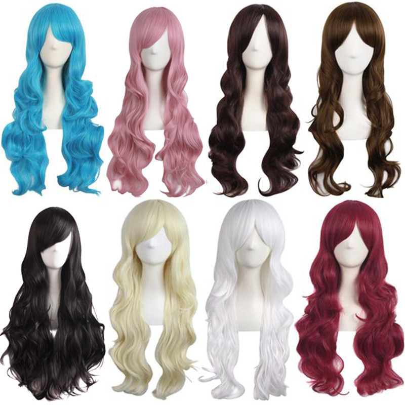 Anime Cosplay Wig for Women, Long Curly Hair, Multi-Color, Natural Fluffy Big Waves, 70cm, Pink, Blue, Golden, Full Head Wig