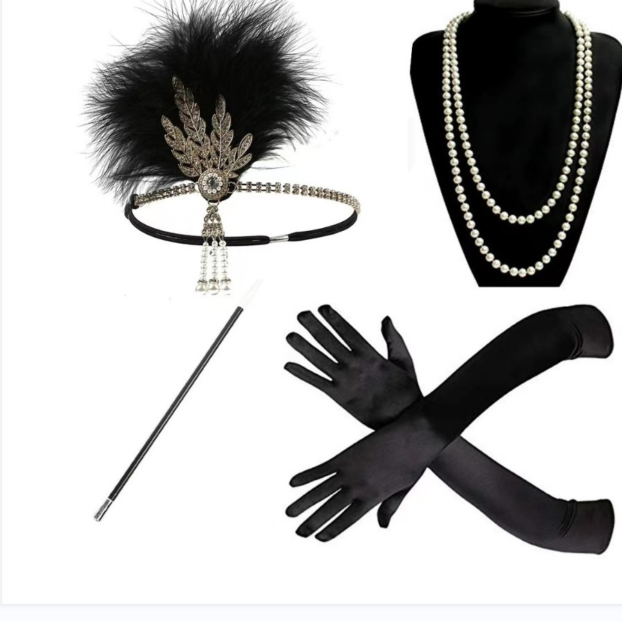 1960s Gatsby Venta caliente retro danza diadema negro avestruz pluma banda de pelo perla rhinestone tocado club nocturno