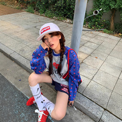 美式复古爱狗狗撞色插肩长袖t恤女秋季新款百搭休闲情侣圆领上衣