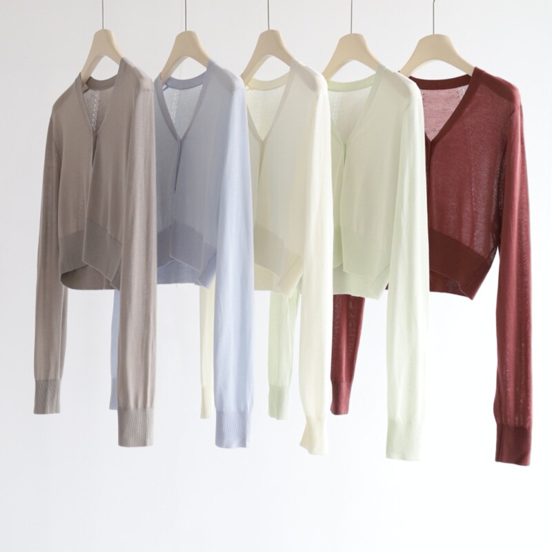 Sweet and Hot Style Short Knitted Cardigan Women's Spring and Summer Mulberry Silk Blended Lyocell V-Neck Long Sleeve Sunscreen Air Conditioning Top