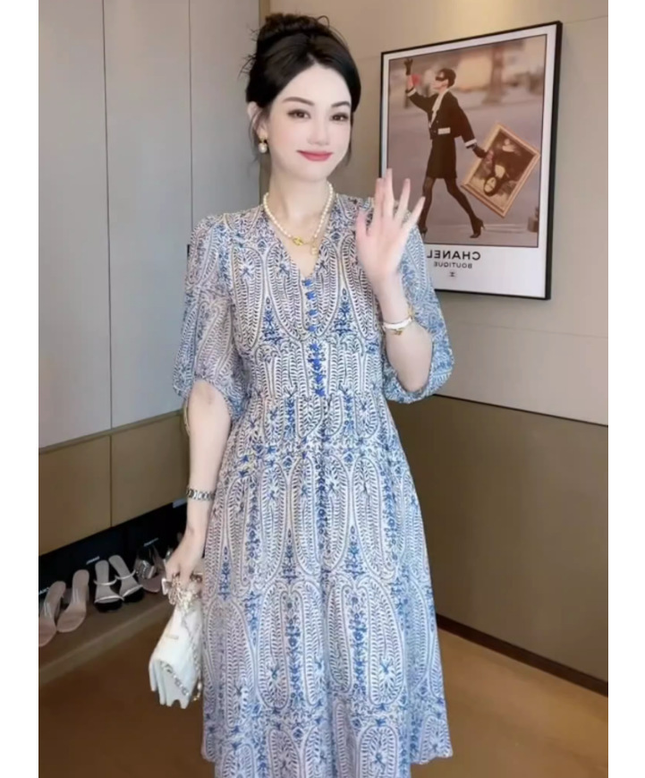 Đầm maxi nữ thắt eo cổ V tay phồng họa tiết hoa voan phong cách Pháp — Màu xanh lam chi tiết 6