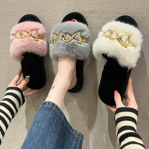 Women's New Metal Braided Chain Plush Slippers for Autumn/Winter Warmth, Flat Sole, Large Faux Fur One-String Slippers for Cross-Border Trade