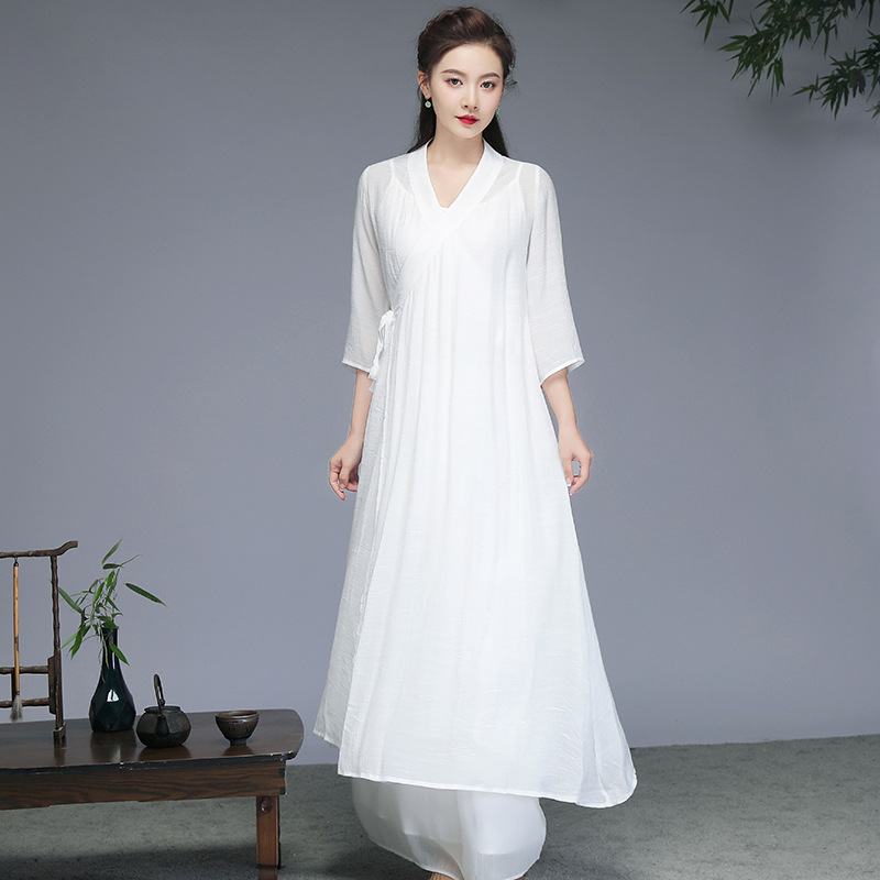 中国风禅意女装棉麻茶服禅修服禅舞服装复古汉服连衣裙两件套批发