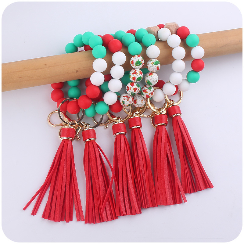 Nueva pulsera de silicona llavero creativo DIY Navidad cuentas de silicona borla colgante llavero colgante