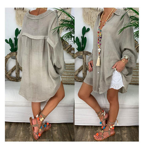 Women's Spring Summer European and American Style Button Down Long Sleeve Loose Casual Shirt Top