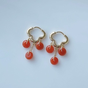 Natural A Goods Jade Red Pendant Earrings Simple Chinese Style Earrings 14K Gold Injection Earrings Live Supply Earrings