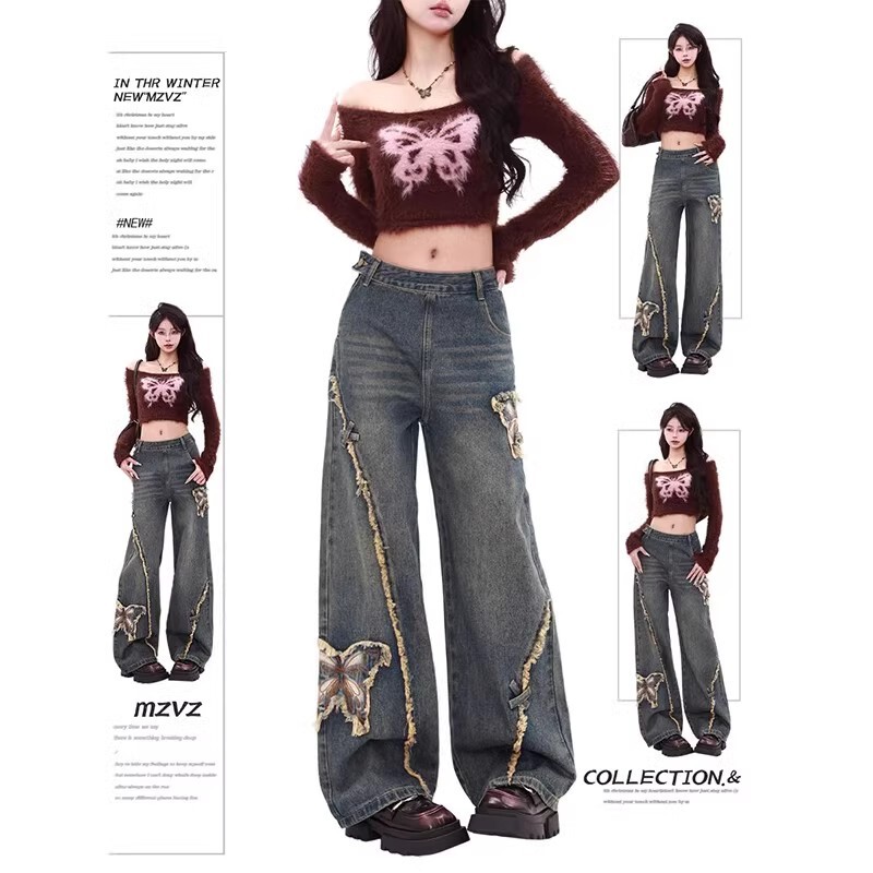 American Retro Side Zipper Jeans for Women in Autumn and Winter Plus Size Fat mm New Butterfly Embroidered Lace Wide Leg Pants