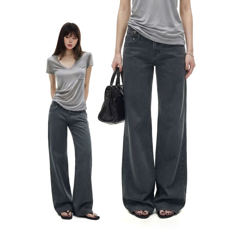 American-style retro gray low-waist wide-leg jeans for women, 2026 autumn new collection, loose fit, slimming, and relaxed straight-leg design American-style retro gray low-waist wide-leg jeans for women, 2026 autumn new collection, loose fit, slimming, and relaxed straight-leg design