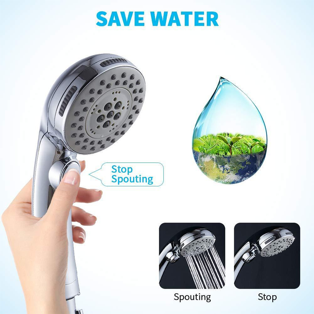 Cross-border European, American and Japanese push-button handheld showerhead set, water-stop and pressure-increasing 6 functions, bathroom showerhead 6 functions details Picture