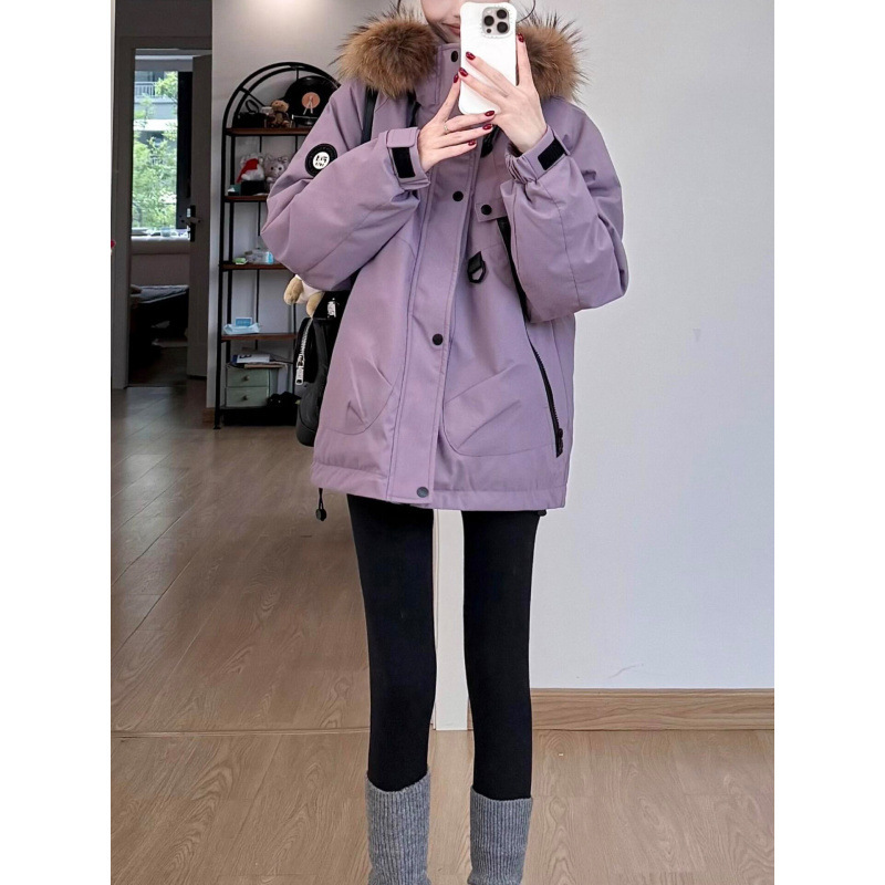 Thickened Large Fur Collar Hooded Winter Workwear Purple Warm Cotton Coat down Jacket Women's New 2025 Slimming Parka