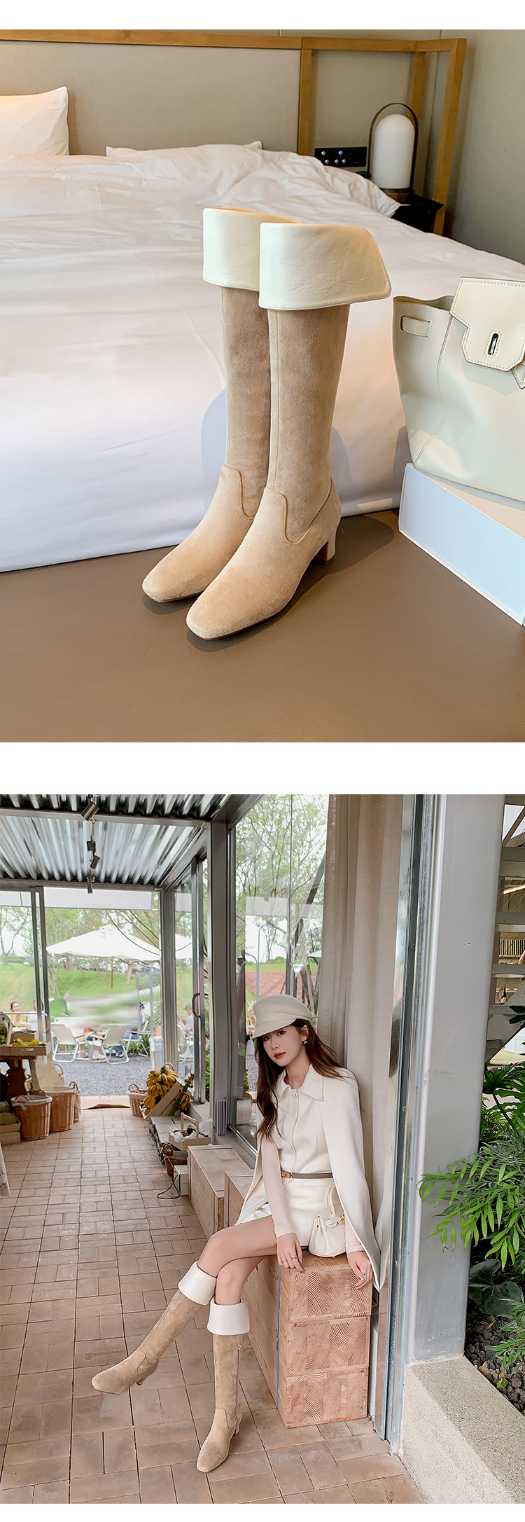 Boot nữ cổ cao quá gối mũi vuông gót thô 5 cm phong cách Hàn Quốc, có thể gập ống — Lớp lót nhung ống nhỏ màu đen 5cm chi tiết 33