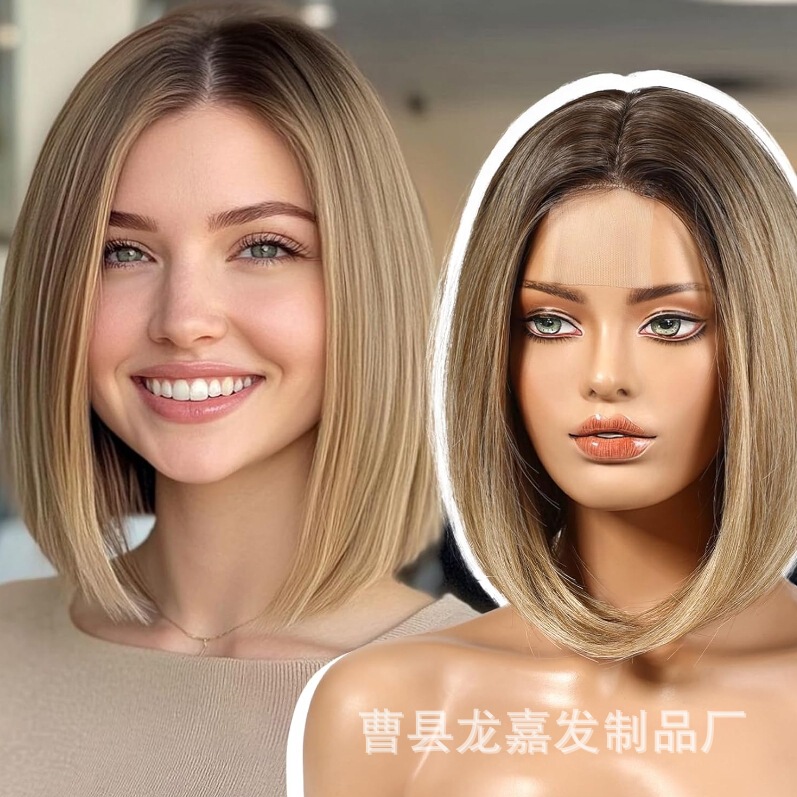 European and American Front Lace Wig Real Hair Natural Short Hair Middle Parted Breathable and Comfortable Gradient Gray Blonde Women's Headgear