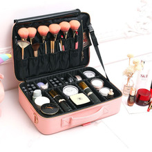 旅行收纳隔板化妆包粉色便携防水PU大容量手提化妆箱简约化妆收纳