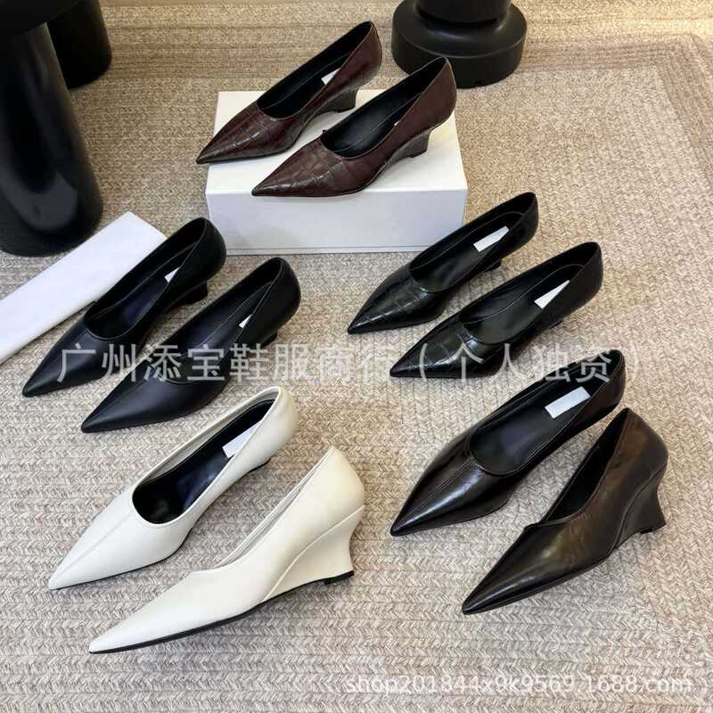 High-end 2025 early spring new stylish crocodile pattern pointed-toe high-heeled mule shoes for women, genuine leather wedge women's shoes
