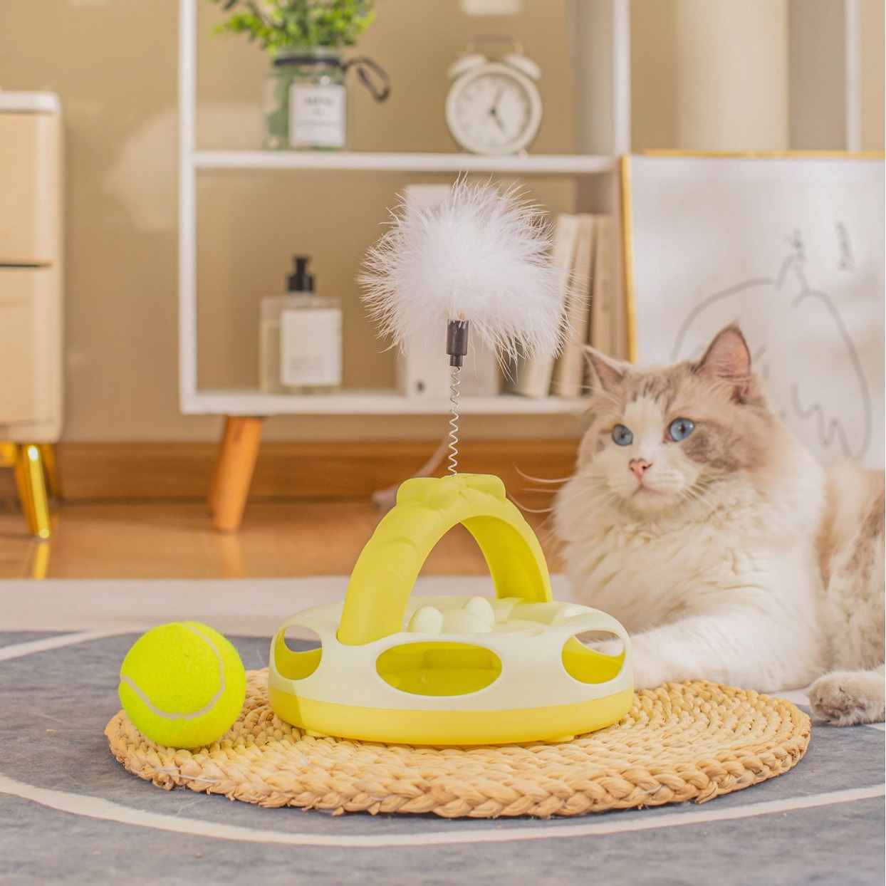 Queso cariño Suministros para mascotas interactivo bola de plástico con pluma gato juguete auto-Hi Cat Track Placa de diversión gato juguete