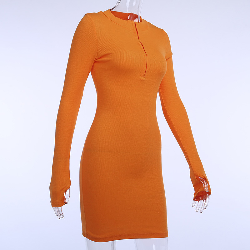 Solid Color Zipper Collar Long Sleeve Dress NSFLY68454