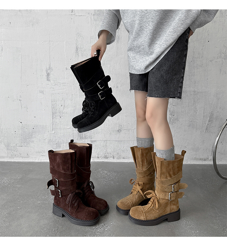 Boot cao bồi cổ trung bình da bò lộn phong cách retro, gót thấp khóa thắt lưng — đen, màu nâu sẫm, kaki chi tiết 33