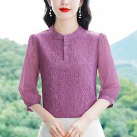 洋气平面花薄款中袖衬衫C气质新款时尚小衫中年妈妈装减龄上衣女