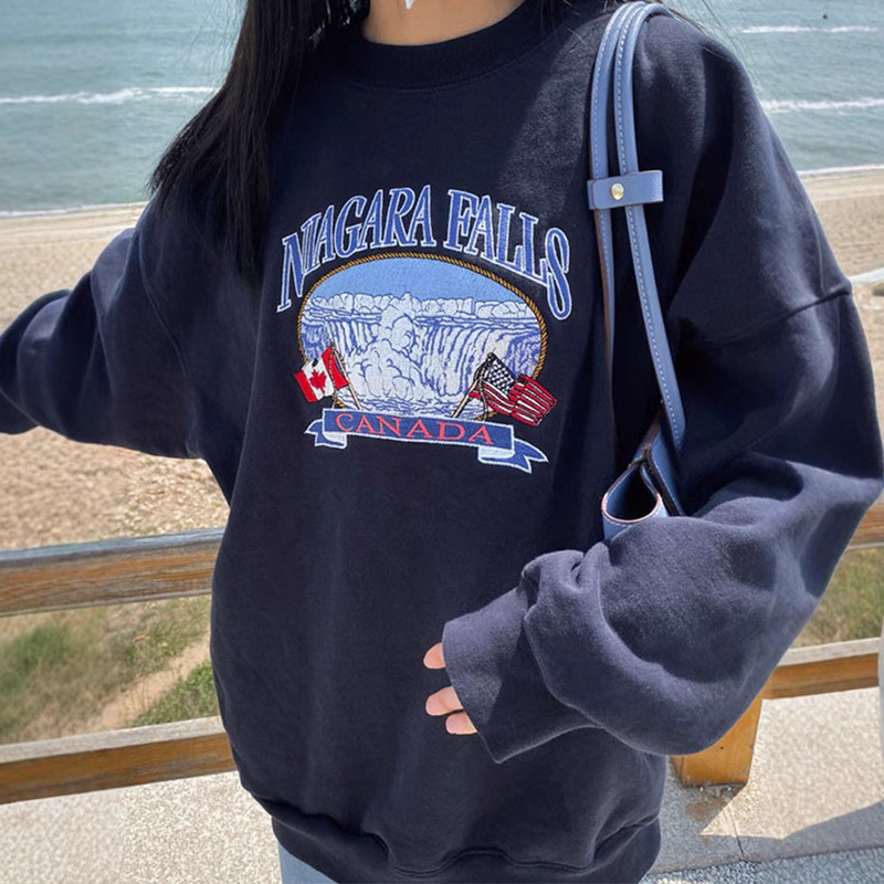 Bm Style American Retro Kendou Same Style Top Outwear Women's Navy Blue Velvet Waterfall Embroidered Sweatshirt Couple Style Trendy