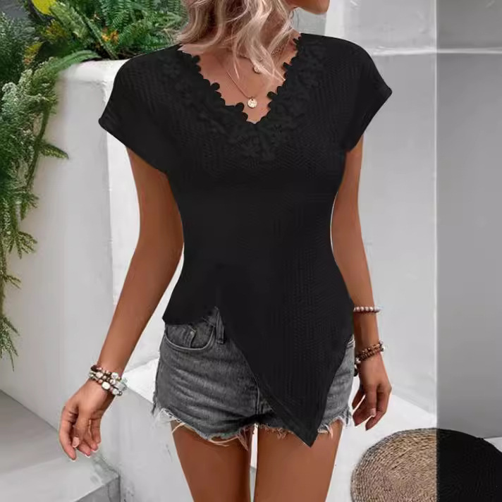 2026Temu Amazon Aliexpress Independent Site Cross-Border Spring and Summer Women's Solid Color V-Neck Lace-Trimmed T-Shirt