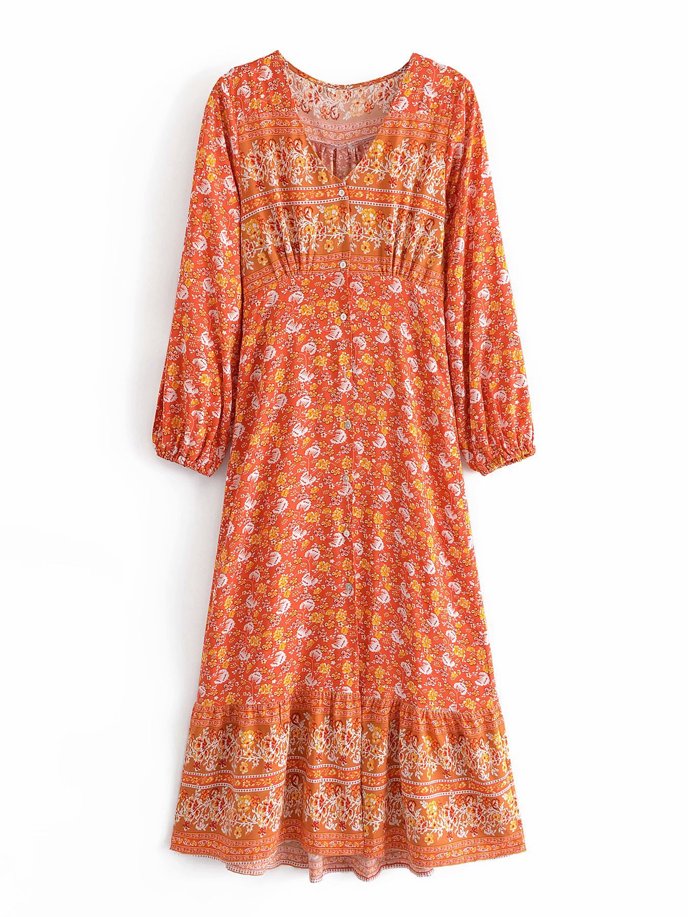 retro printed v-neck long-sleeved bohemian loose dress  NSAM54594