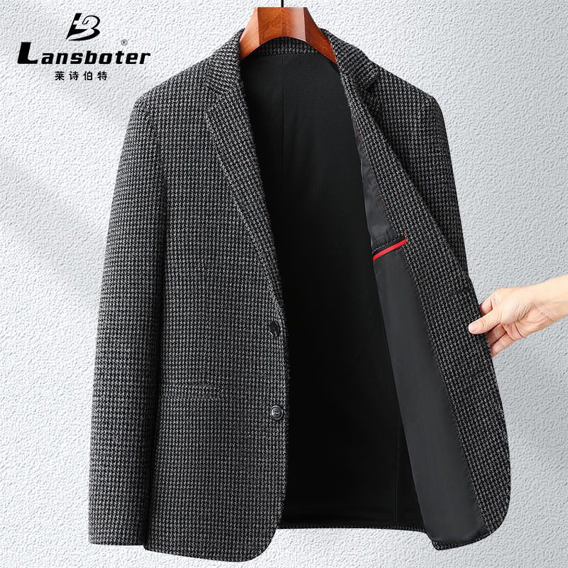 Áo vest nam dáng ôm họa tiết chữ nhật nhỏ, vải co giãn dày, không cần ủi, tay dài — Ca rô Houndstooth xám nhạt, Ca rô Houndstooth Đen Xám