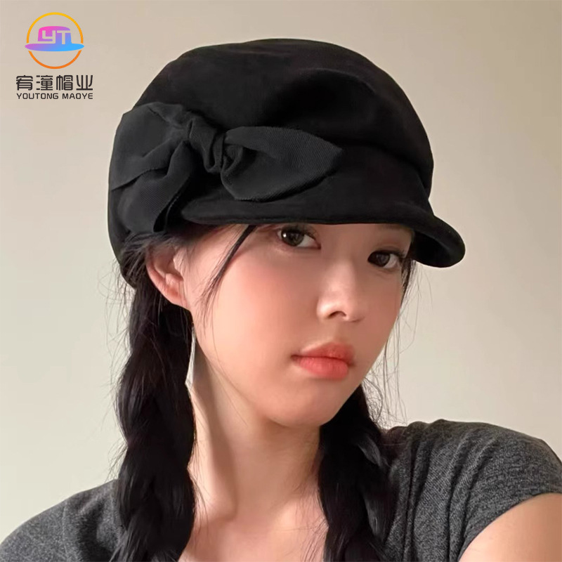韩版简约百搭蝴蝶结短檐渔夫帽春秋显脸小鸭舌报童帽海军风贝雷帽|undefined