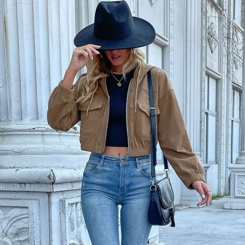 Solid Color Hooded Corduroy Women's Jackets_voghion.com