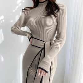 韩国chic秋季优雅立领撞色包边坑条绑带收腰显瘦长袖针织连衣裙女