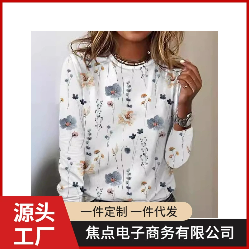 2024 Amazon AliExpress wish трансграничная Европа и США весной и осенью свободная цифровая 3D-печать с круглым вырезом с длинным рукавом футболка женская